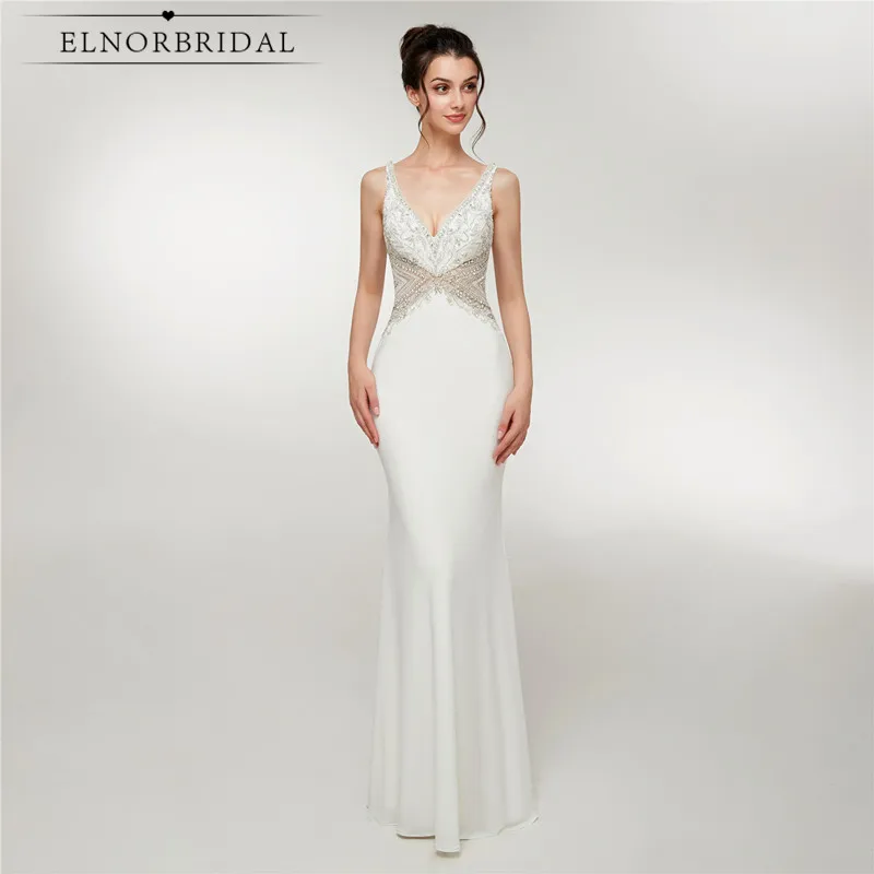 Белые элегантные вечерние платья русалки, Украшенные бусинами и кристаллами, вечернее платье для особых случаев, платье с открытой спиной, платье с v-образным вырезом