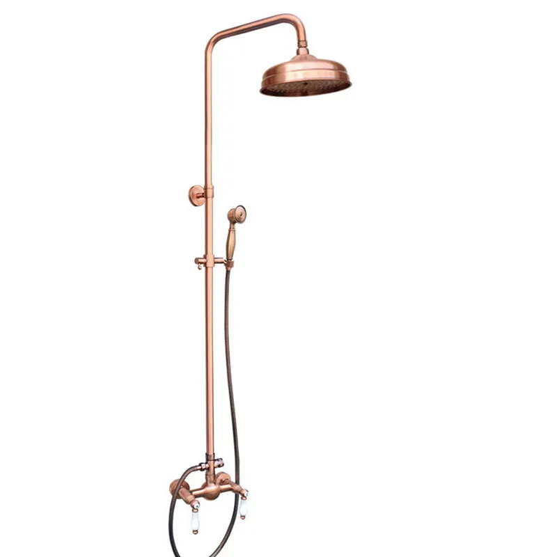 

Antique Red Copper Brass Bathroom Rain Shower Faucet Dual Handles Mixer Tap Wall Mounted Dual Ceramics Handles Levers arg581