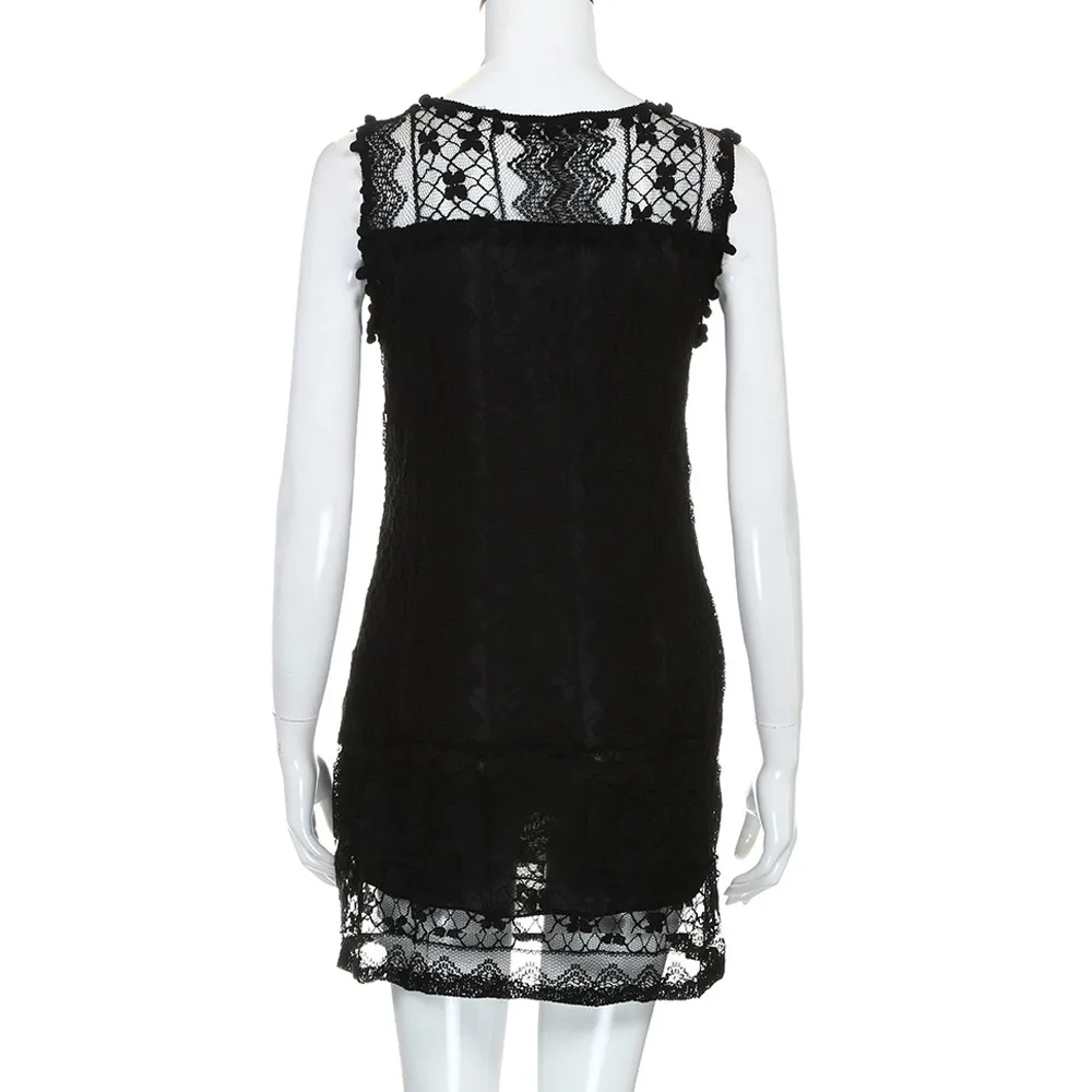 Women Casual Lace Sleeveless Beach Short Dress Tassel Mini Dress