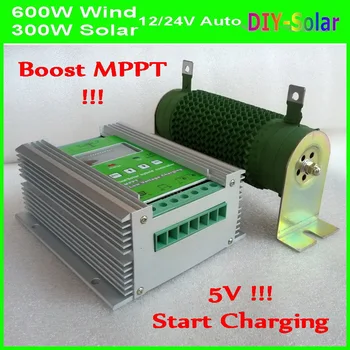 

MPPT Solar Power 300W+Wind Turbine 600W 12/24V Intelligent Hybrid Charge Controller, total 900W Wind Solar Hybrid Controller 50A