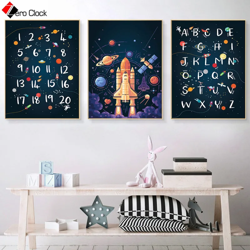 Space Wall Art Kids Alphabet Print Quotes Posters Canvas Painting Boys Nursery Room Decoration Pictures Wall Decor Unframed