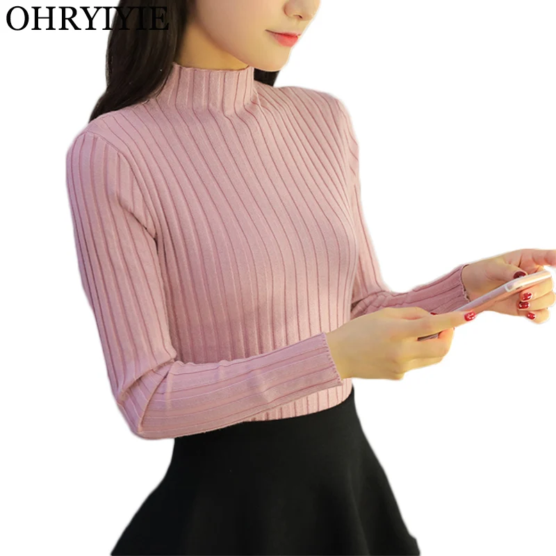

OHRYIYIE Purple/Gray Women Turtleneck Sweater 2019 Autumn Winter Knitted Sweaters and Pullovers Female Stripe Jumper Tricot Tops