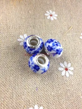

50pcs Set of 14x9mm Royal Blue Flower Porcelain Ceramic Large Hole Beads Fit European Charm Bracelet Wholesale