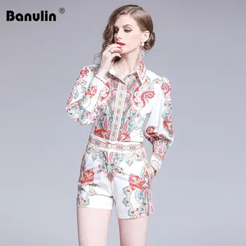 

Banulin Runway Designer Casual Holiday Vacation Shorts Set Women's Lantern Sleeve Print Blouses + Shorts Two Pieces Set Suit