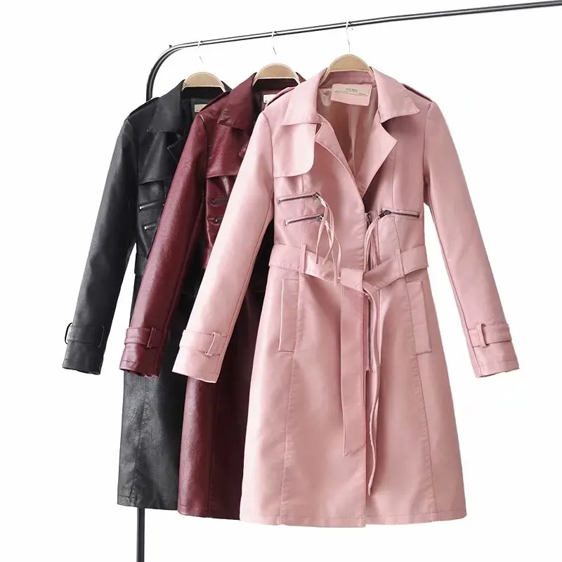 Mode Ceinture 2018 Beige Arc Casual Femmes Manteau noir Long rose Faux Nouvelle Vestes rouge Nouvelles Cuir De Survêtement SOO5RwUqx