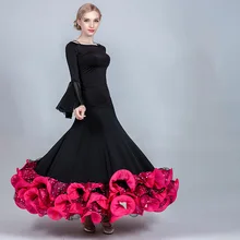 Праздничная одежда для женщин, черный топ, бальное платье для танцев, Цветочная юбка, вальс, стандартные платья для конкурса бальных танцев BL1515