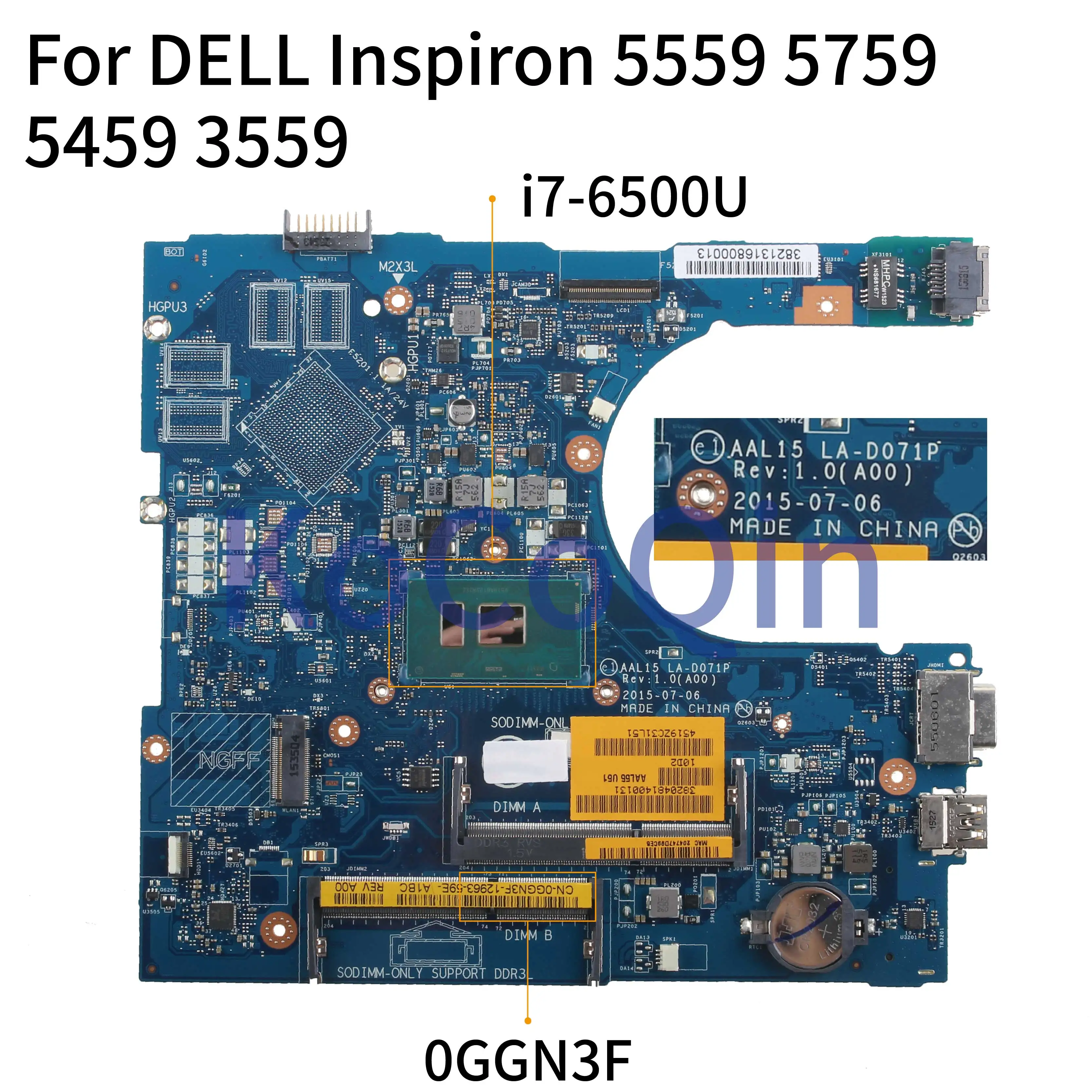 KoCoQin материнская плата для ноутбука DELL Inspiron 15 5559 5759 5459 3559 I7 6500U CN 0GGN3F AAL15 LA D071P