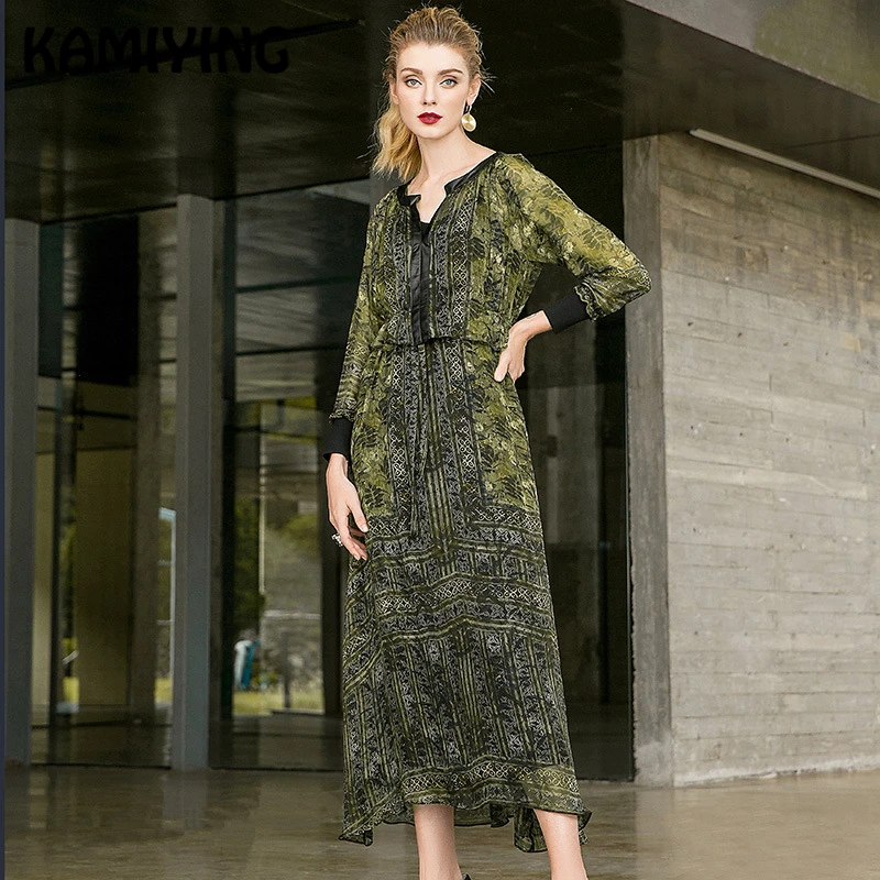 

KAMIYING Genuine Leather Dress 100% Real Silk Sheepskin Retro Printed Slim Elegant Dresses Shirt Maxi Ladies Vestido PKHC571