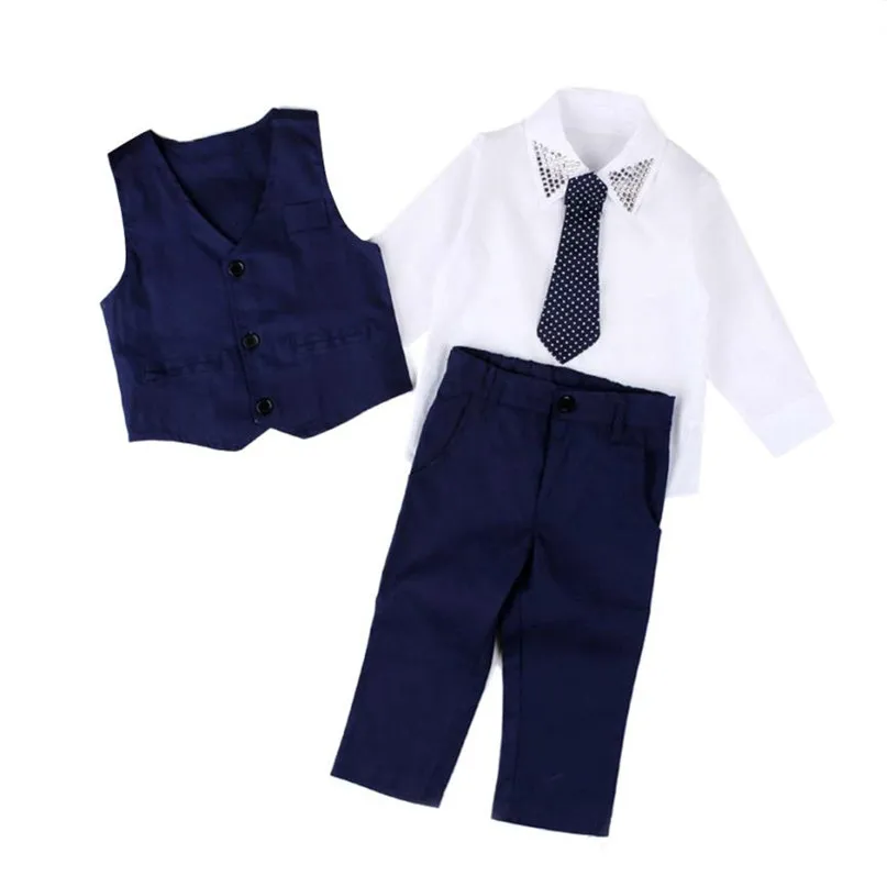 Красивый свадебный костюм джентльмена синего цвета для маленьких мальчиков рубашка+ жилет+ длинные штаны+ галстук, одежда Лидер продаж года, 1 комплект, Прямая поставка, ST27 - Цвет: Синий