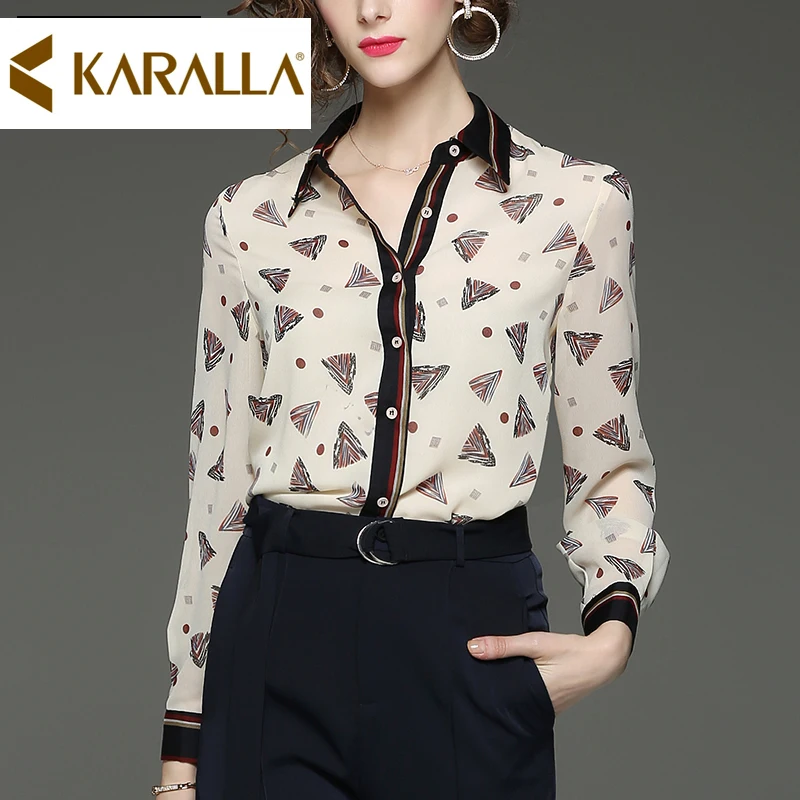 

Spring Women Printed Chiffon Shirt Fashionable Temperament Contrast Color Lapel Long-sleeve Blouse C574