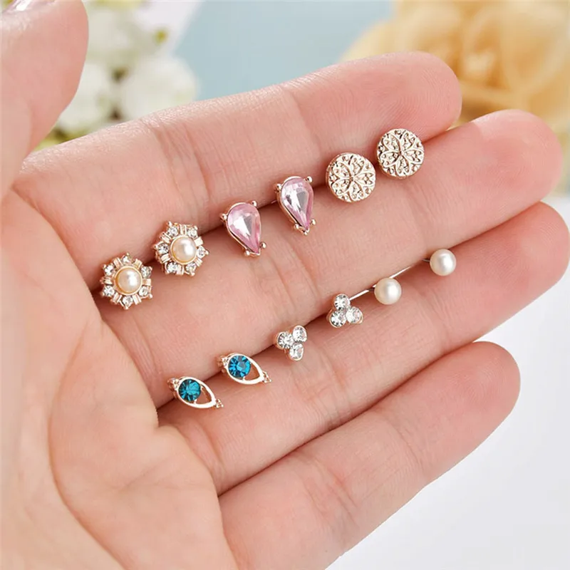 

New Rose Gold Color Geometric Square Earrings Female Triangle Flowers Animal Elephant Plant Crystal Stud Earrings Set For Women