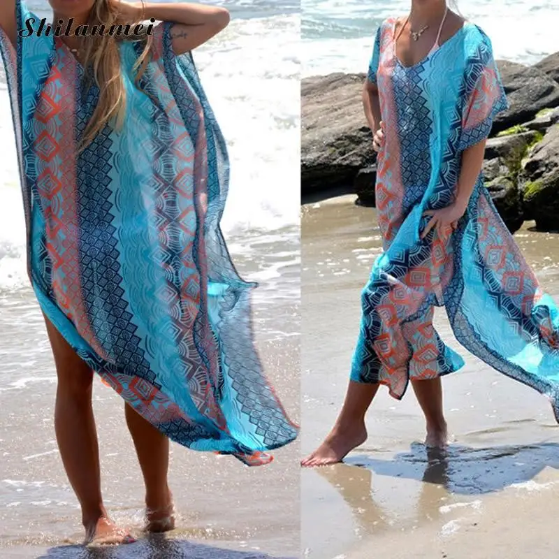 Chiffon Beach Dress geometric blue beachwear Swimming Cover Ups beach