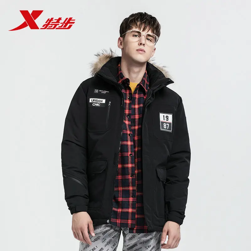Skup Xtep 2019 zima męska kurtka puchowa moda wiatroszczelna mężczyźni dół kurtki gruby ciepły zdejmowany kaptur płaszcz 882429199231