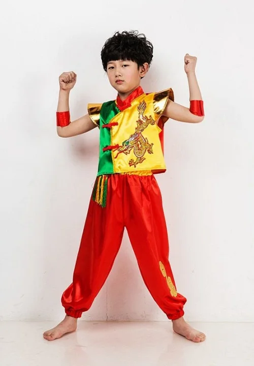 (0123) Children Chinese folk dance clothing boys and gilrs Kung Fu Show New National Dance Dragon drum folk style clothing