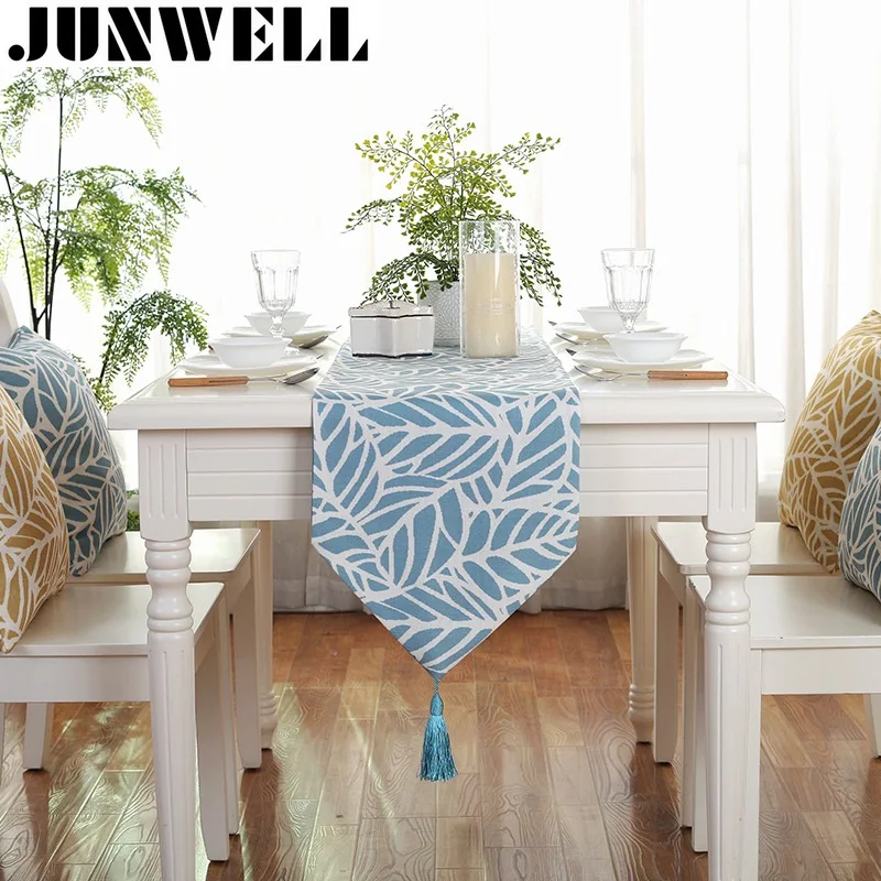 

Junwell Fashion Modern Table Runner Colorful Leaves Printed Runner Table Cloth With Tassels Cutwork Embroidered Table Runner