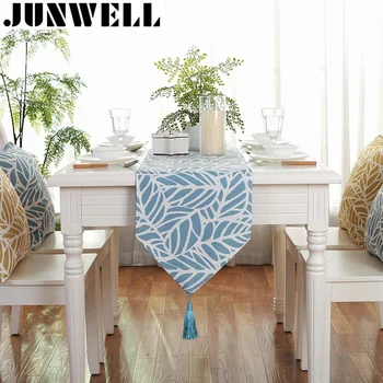 

Junwell Fashion Modern Table Runner Colorful Leaves Printed Runner Table Cloth With Tassels Cutwork Embroidered Table Runner
