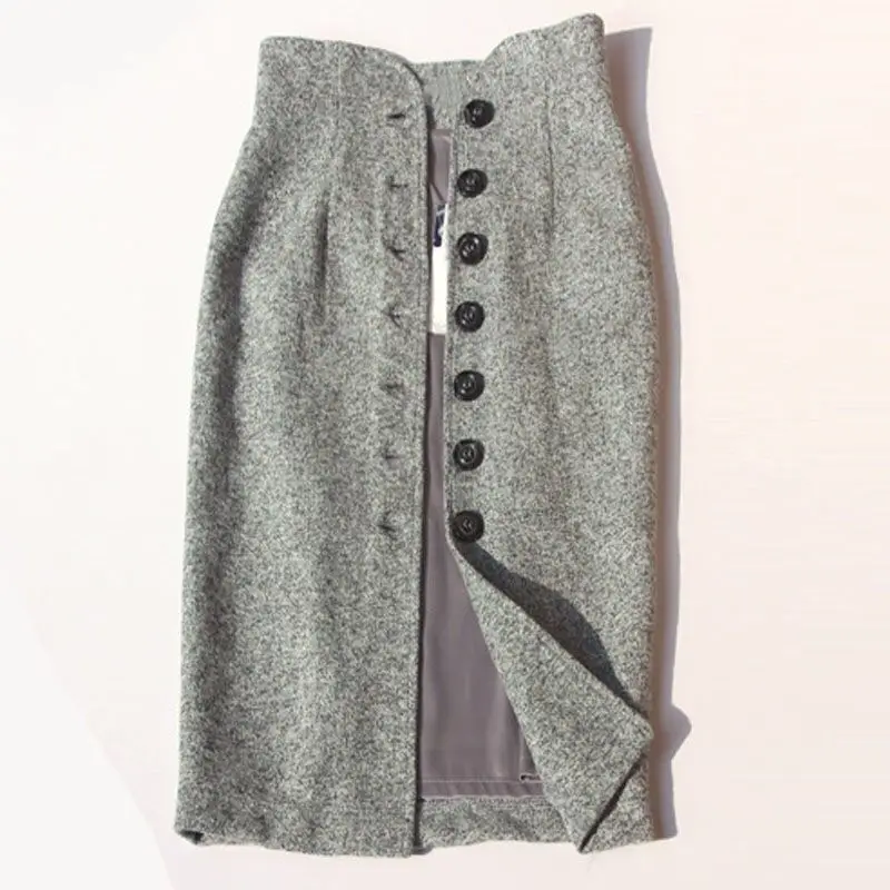 HAMALIEL, Деловые женские костюмы с юбкой, осенняя черная блузка с рукавом-фонариком+ твидовые однобортные облегающие карандашные наборы с высокой талией - Цвет: gray skirt