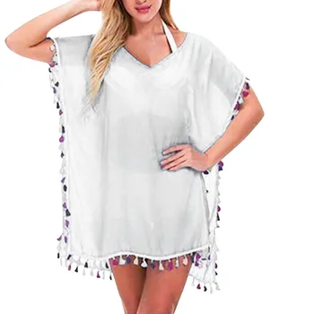 

2019 Sexy Tassels Beach Dress Perspective Solid Women Swimsuit Cover Up Swimwear Summer Beach Tunic Bathing Suits Solid Pareo