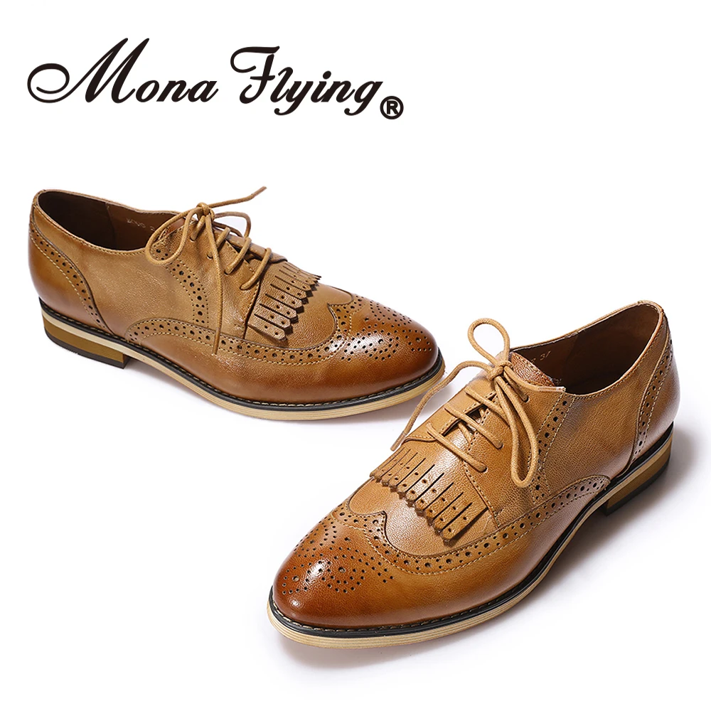 Mona flying Womens Leather Perforated Lace-up Oxfords Brogue Wingtip Derby Saddle Shoes for Girls ladis Women 