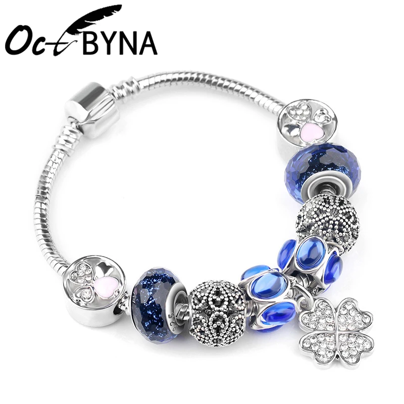

Octbyna Fashion 925 Sparkling Crystal Clover Charm Fine Bracelets&Bangles For Women Silver Plated Beads Bracelets Jewelry