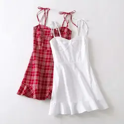 2019 летнее Soild клетчатое кружевное платье с рюшами и бантом, сексуальное платье Vestido, женское платье с открытой спиной, тонкое платье L