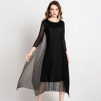 

Women Fashion New Pleated Solid Color Lady Elegant Lace Wrinkle Loose One Piece Dress