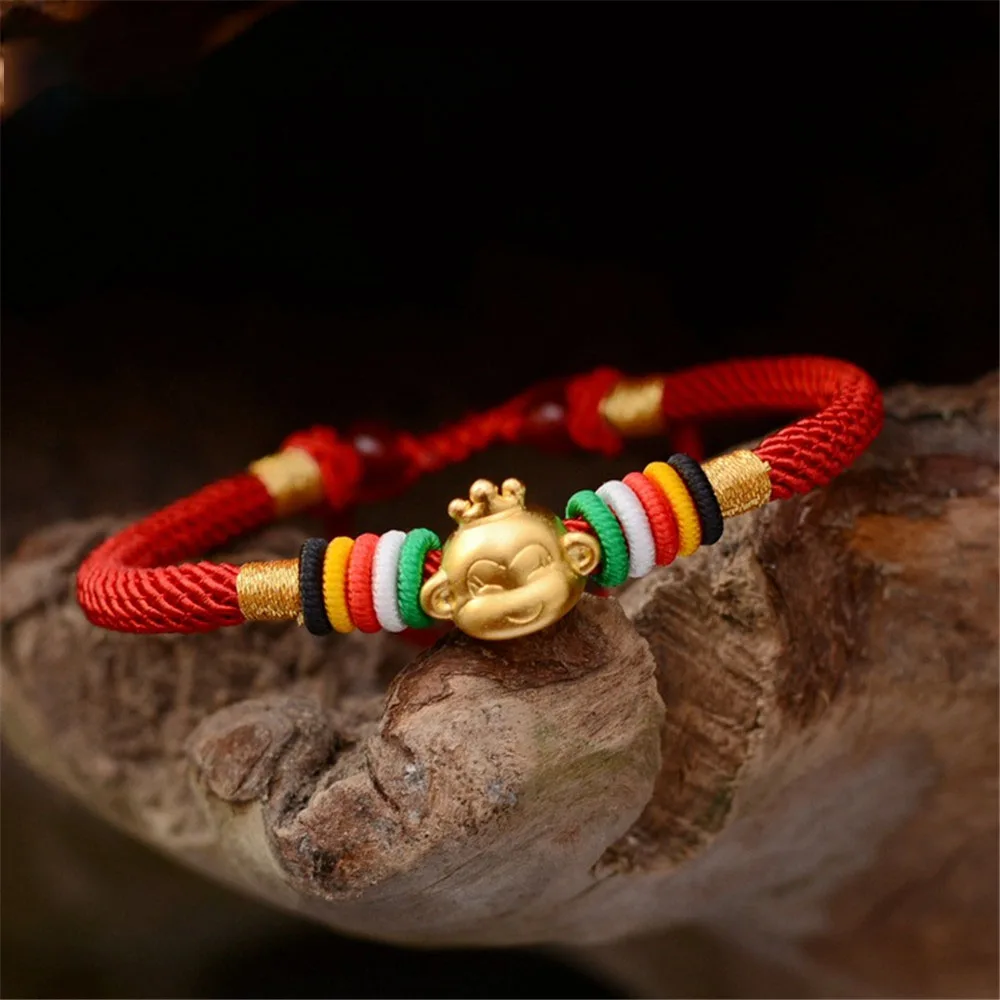 

Wholesale Hand Knitting Italy Imported Red Rope 999 Silver Monkey Charm Bracelet Chinese Knot 3D Hard Silver Unisex Bracelet