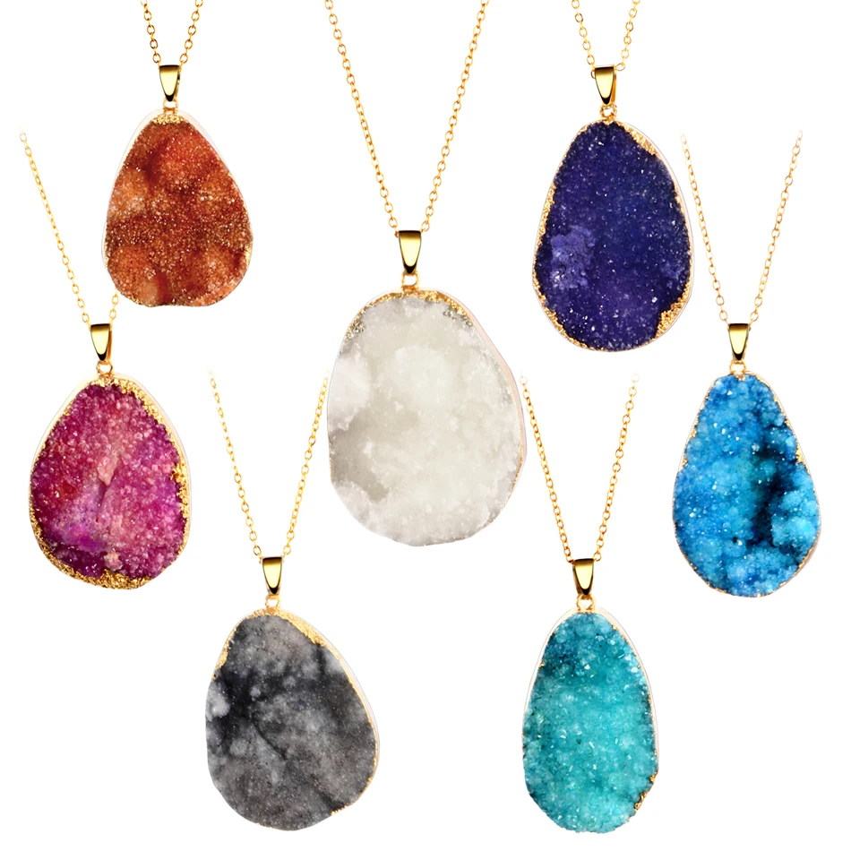 

Hot Sale 1PC Alloy Druzy Quartz Colorful Stone Necklace Pendant Jewelry Gold Teardrop Pendant Fashion Women Gift Jewelry