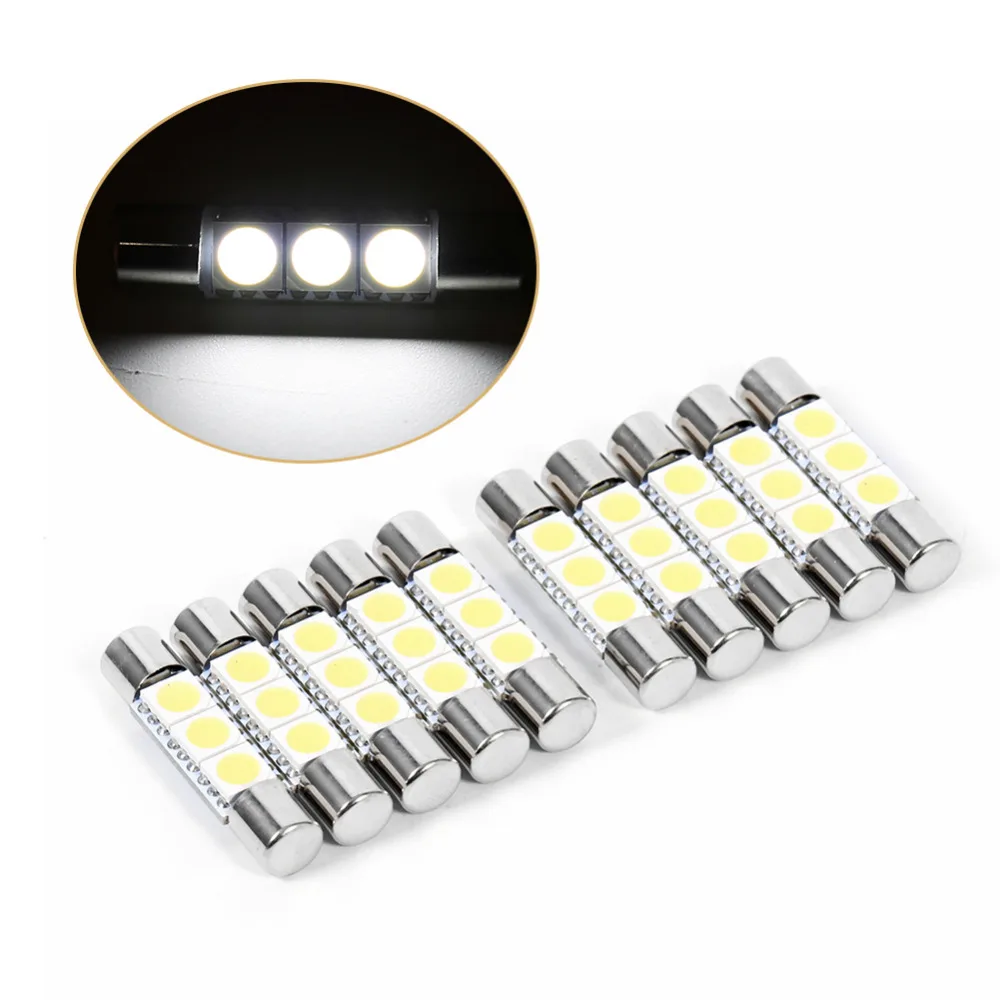 

10Pcs/Set 3-SMD 29-30mm 6641 Fuse LED Bulb Vanity Mirror Light Sun Visor Lamp White Sun Visor Lamp Fuse LED Bulb 6641 LED Bulb