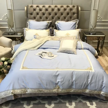 

Premium Quality Luxury 140S Egyptian cotton Embroidered Bedding set Queen King Duvet cover Royal Bed sheet set Pillowcases Blue