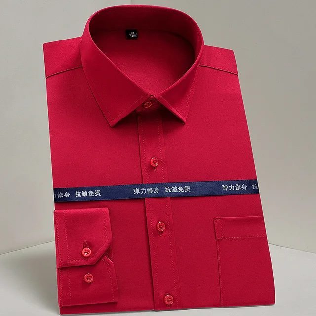 Мужская классическая нежелезная эластичная однотонная Базовая рубашка, деловая Стандартная рубашка с длинным рукавом, устойчивая к морщинкам, легкая рубашка в уходе - Цвет: Красный