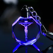 Лазерная гравировка Иисуса крест кристалл брелок стекло Artware висячие украшения с изменяющимися цветами светодиодный светильник Религия подарок