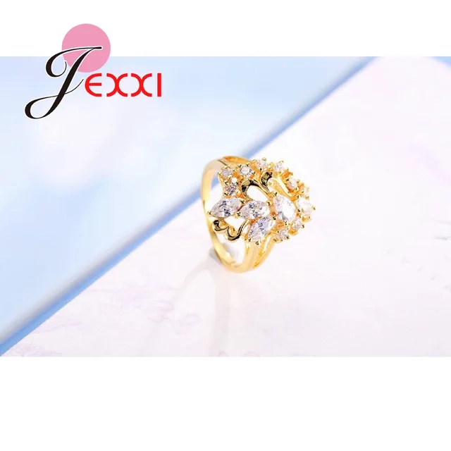 JEXXI Leaves Style  Gold Filled Rings For Women Cubic Zirconia Crystal Ring Luxury Wedding Fashion Jewelry Engagement Rings