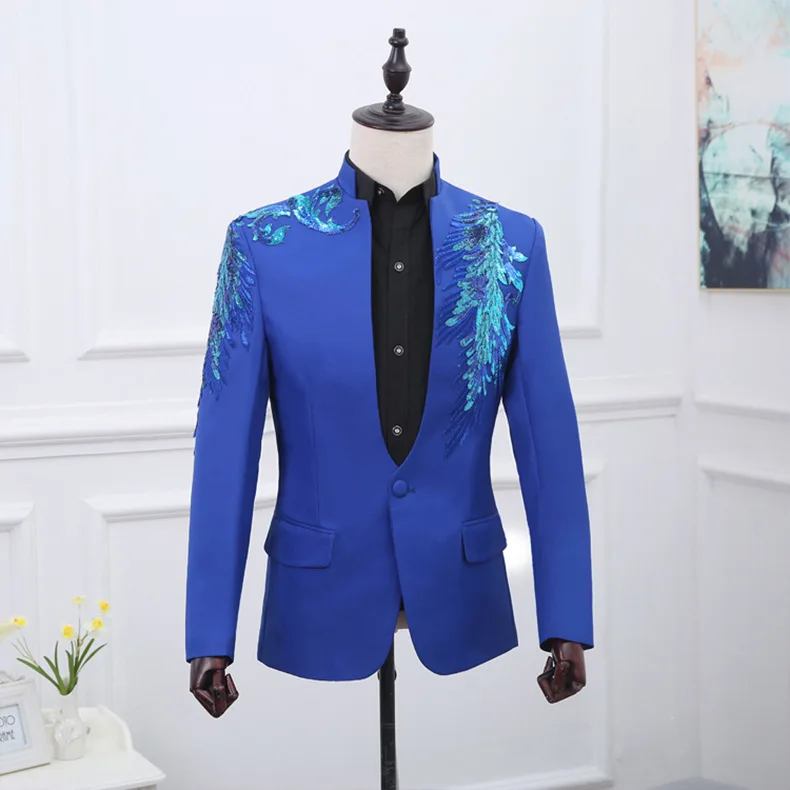Мужской костюм с блестками сине красный блейзер вышивкой|stage jacket|red dress jacketdress jacket |