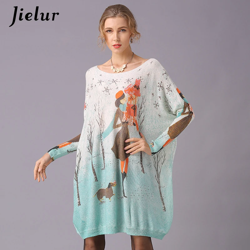 Jielur الكرتون المطبوعة سترة للمرأة زائد حجم طويلة كم Kawaii محبوك البلوزات الربيع الخريف مضحك البلوز الأساسية الطائر