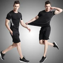 Mens Fitness Tracksuit Muscle Summer Casual Sporting Male Quick-Drying Short-Sleeve Tops+Shorts Sweatsuit 2 Piece Set Track Suit
