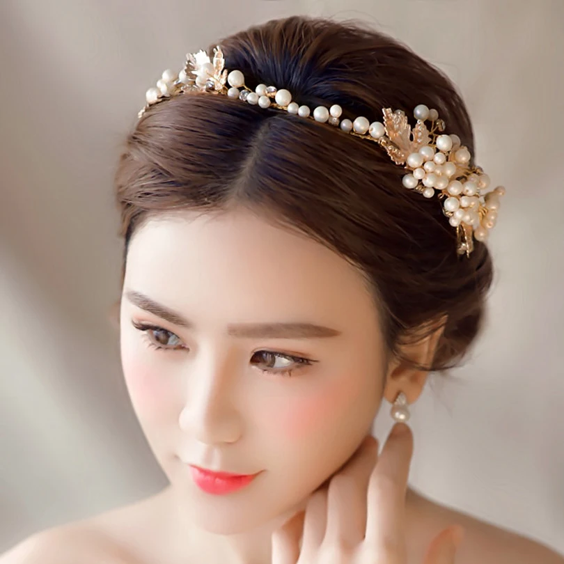 Gold Rhinestone Pearl Hair Jewelry Leaves Bridal Headband Tiara Wedding