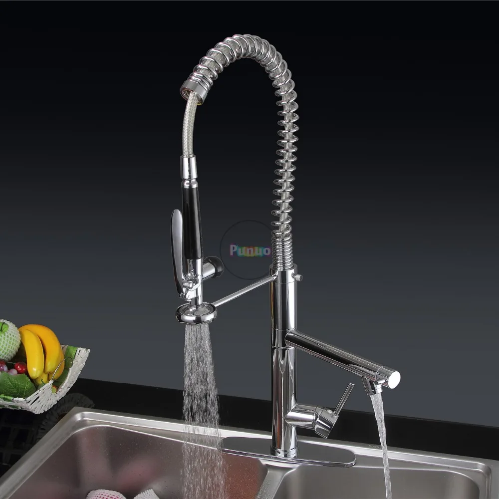 Multi function kitchen faucet swivel pulling high pressure spring dish