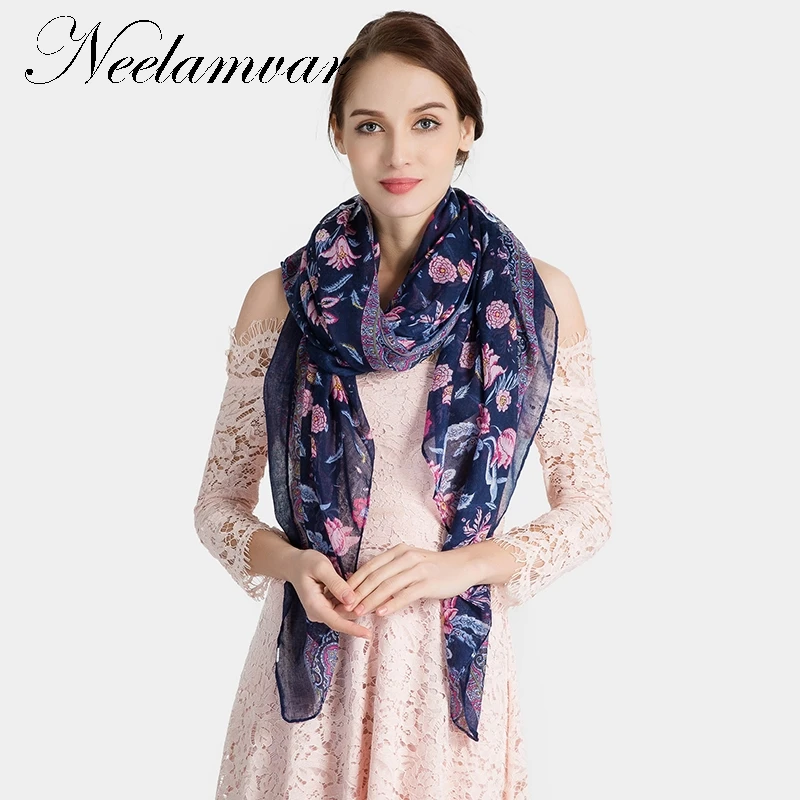

Neelamvar new fashion scarves shawls flower print voile cotton scarf women autumn and winter warm echarpe wraps from india