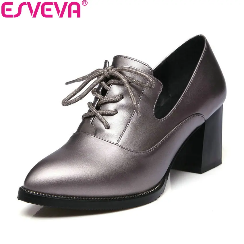 

ESVEVA 2018 Women Pumps Western Style Spring and Autumn Square High Heels Lace Up Pointed Toe Fashion Ladies Shoes Size 34-39