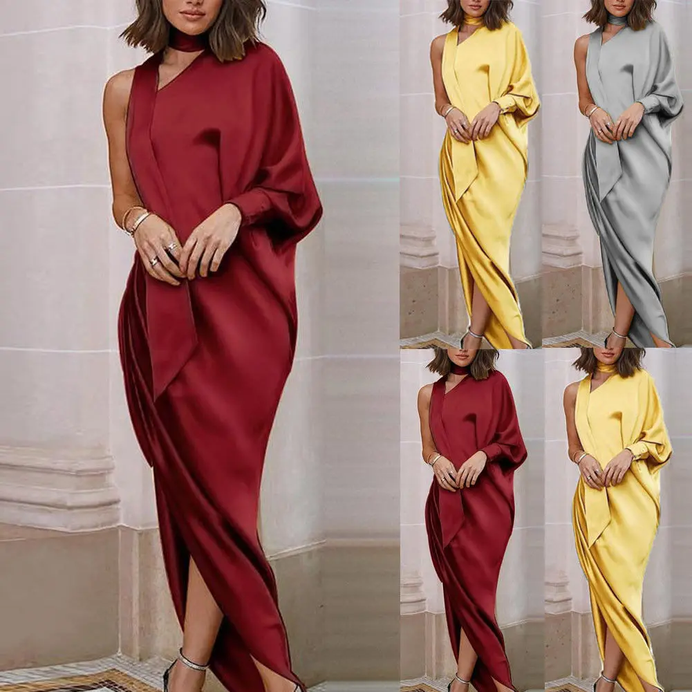 

Women Holiday Long Maxi Dress Ladies Fashion One Shoulder Solid Evening Party Dress Sundress Plus Size