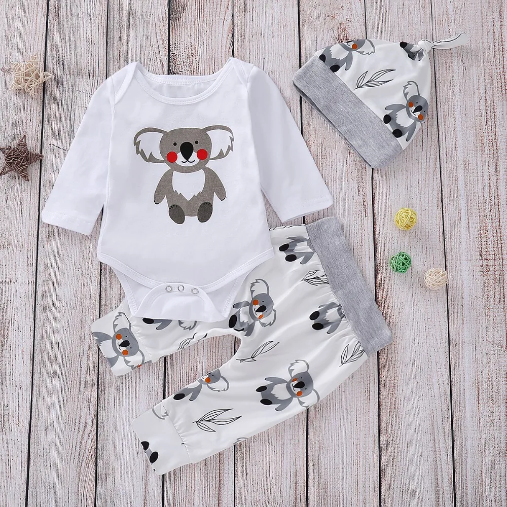 

Newborn Clothes Sets Bear Print Romper Pants Leggings Caps Baby Girl 3Pcs Outfits Spring Cotton Infant Boy Tracksuit Long Sleeve