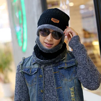 

2017 Arrival Beanies With Scarf Knitted Hat Men's Winter Hats For Men Caps Warm Moto Fur Winter Beanie Fleece Knit Bonnet Hat