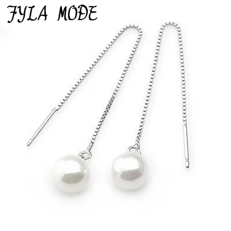 

Handcraft Ear Wire 925 Silver Jewelry Fashion Box Line Drop Dangle Earrings Big Simulation Pearl Long Earring Ear Thread Brincos