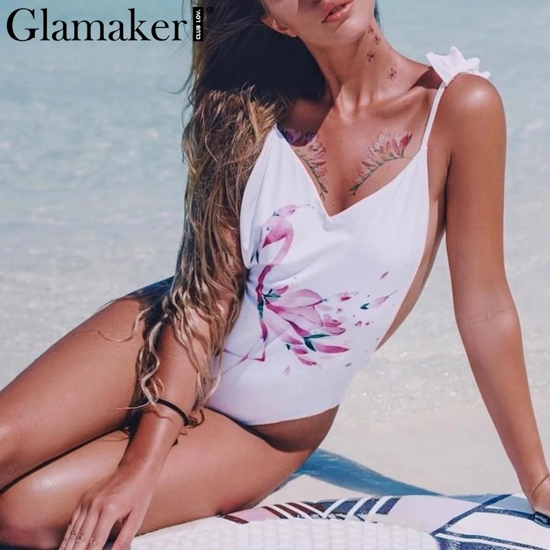 Glamaker Flamingo print one-piece suits ruffle bodysuit Women push up thong short playsuit romper Female sexy beach bodysuit new