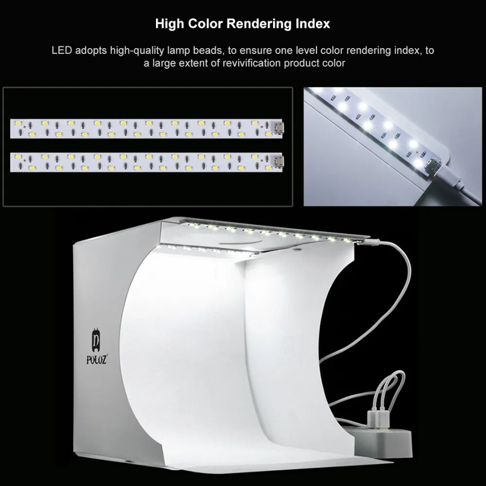 Kopen Fotografie Tafelblad Home Apparatuur Twee Led Strips Zachte Verlichting Box Portable Photo Studio Opvouwbare Tent met 5 stks Achtergrond