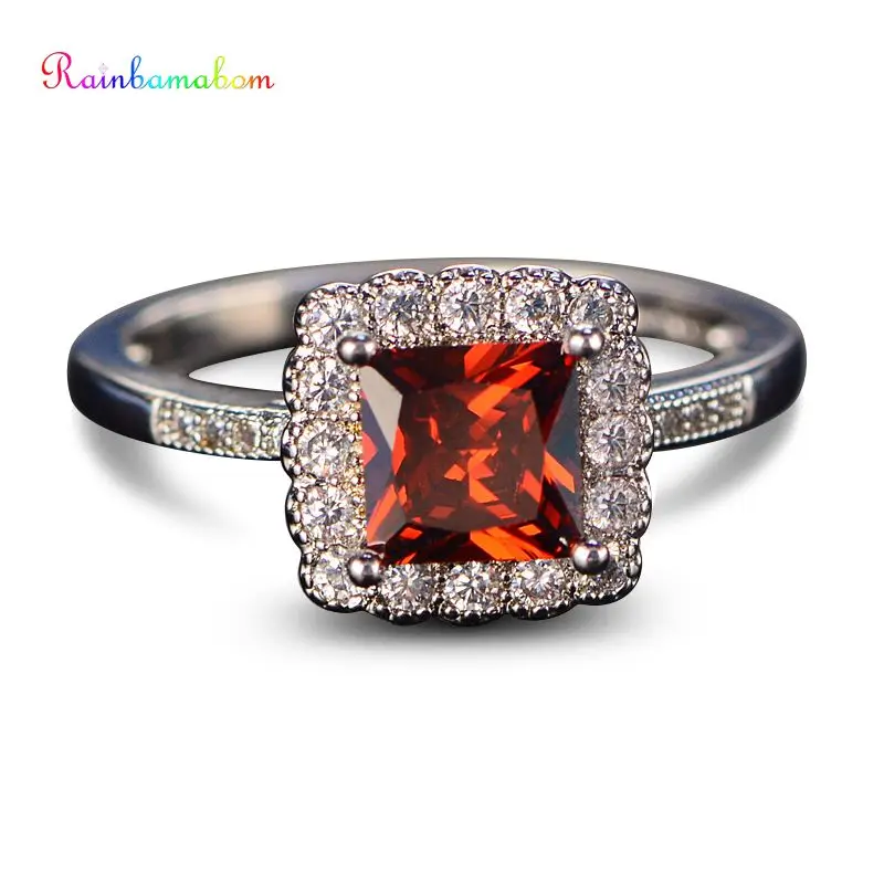

Rainbamabom Authenic 925 Sterling Silver Ruby Gemstone Romantic omen White Gold Diamonds Ring Jewelry Wholesale Size 6-9