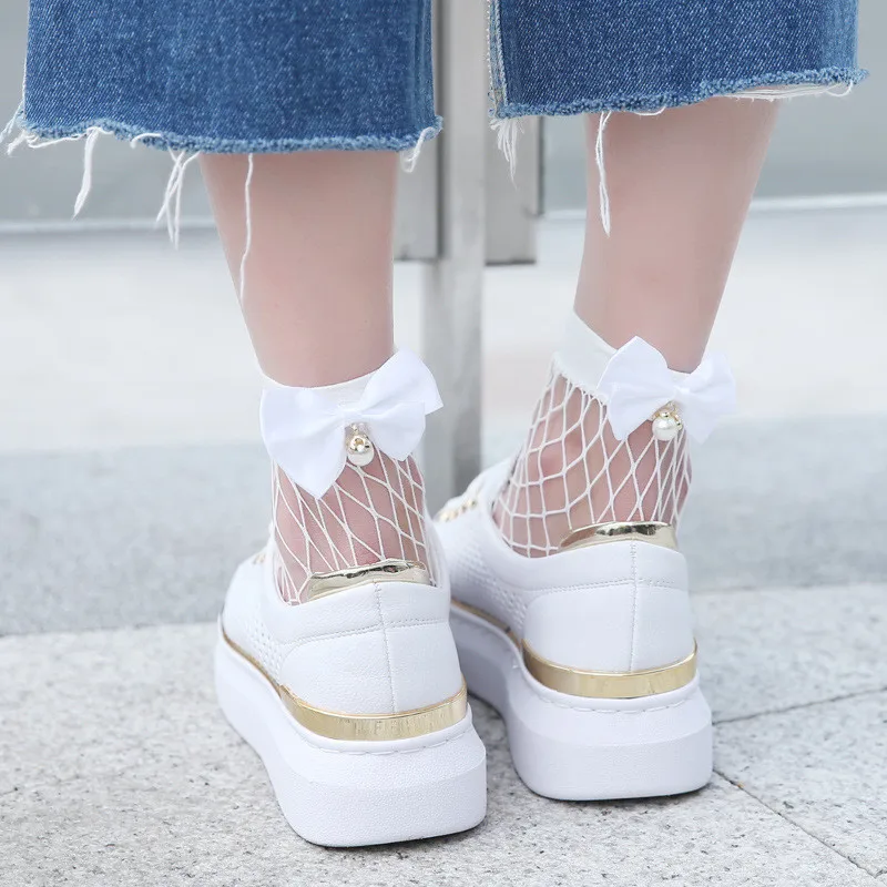 

Women Socks Bow Ruffle Fishnet Ankle High Socks Mesh Lace Fish Net Summer Short Socks meia feminina funny socks #LYS