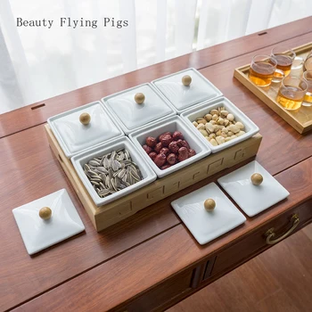 

Japanese style six grid ceramic fruit bowl simple with lid compartment fruit candy platter living room dessert dried fruit plate