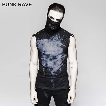 

PUNK RAVE Men's T-shirt Steampunk Skull Digital Printing Hollow Out T-shirt Ghost Head Tooth High Collar Personality T-shirt